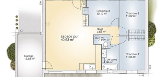 Plan de maison Surface terrain 83 m2 - 5 pièces - 3  chambres -  avec garage 