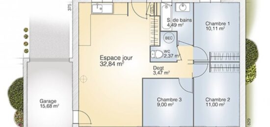 Plan de maison Surface terrain 73 m2 - 5 pièces - 3  chambres -  avec garage 