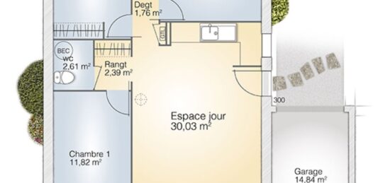 Plan de maison Surface terrain 73 m2 - 5 pièces - 3  chambres -  avec garage 