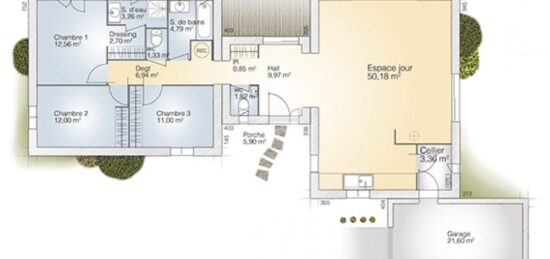 Plan de maison Surface terrain 120 m2 - 5 pièces - 3  chambres -  avec garage 
