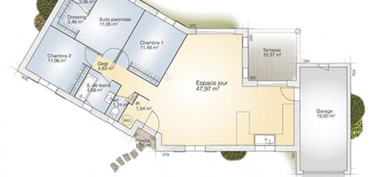 Plan de maison Surface terrain 100 m2 - 5 pièces - 3  chambres -  avec garage 