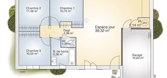 Plan de maison Surface terrain 83 m2 - 5 pièces - 3  chambres -  avec garage 