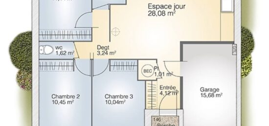 Plan de maison Surface terrain 73 m2 - 5 pièces - 3  chambres -  avec garage 