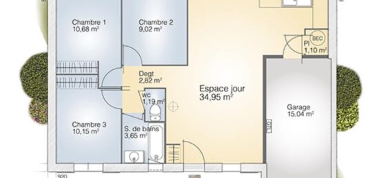 Plan de maison Surface terrain 73 m2 - 5 pièces - 3  chambres -  avec garage 