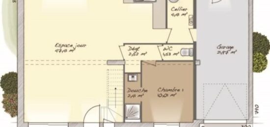 Plan de maison Surface terrain 100 m2 - 6 pièces - 4  chambres -  avec garage 