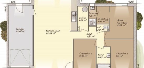 Plan de maison Surface terrain 100 m2 - 5 pièces - 3  chambres -  avec garage 