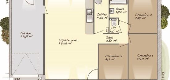 Plan de maison Surface terrain 80 m2 - 5 pièces - 3  chambres -  avec garage 