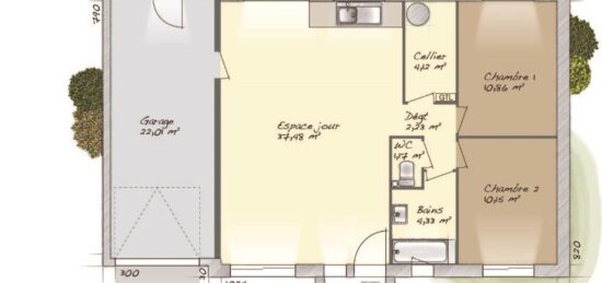 Plan de maison Surface terrain 70 m2 - 4 pièces - 2  chambres -  avec garage 