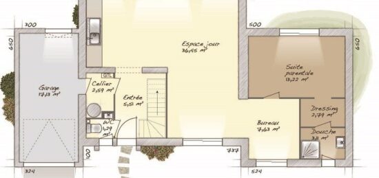 Plan de maison Surface terrain 90 m2 - 6 pièces - 4  chambres -  avec garage 