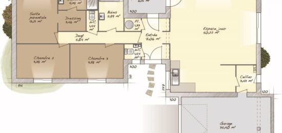 Plan de maison Surface terrain 120 m2 - 5 pièces - 3  chambres -  avec garage 